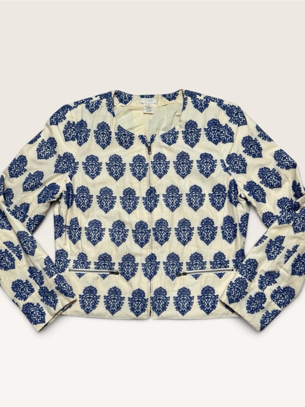J.Crew Filigree Embroidered Cropped Jacket Blue Ivory Cotton Size 6